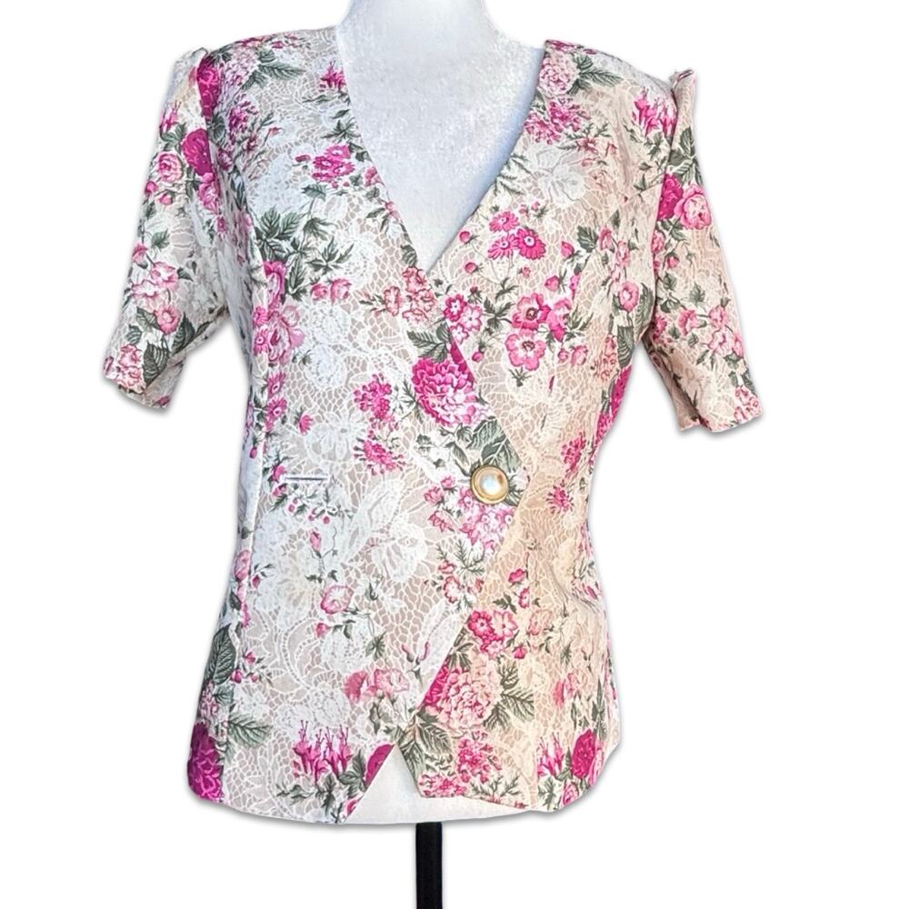 Vintage Floral Wrap Top Blazer Romantic Ladylike Cottagecore Lace Print Coquette